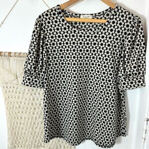 Flower Power 70s Groovy Puff Sleeve Black & White Floral Work Corporate Top XL